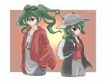  2girls backpack bag black_jacket commentary crossover dated denim earrings expressionless eyewear_on_head green_eyes green_hair hand_in_pocket hat_feather hatsune_miku helmet jacket jeans jewelry kaban_(kemono_friends) kemono_friends multiple_girls pants pith_helmet red_jacket red_shirt shirt short_twintails shorts suna_no_wakusei_(vocaloid) sunglasses tsugumi_(aya-3326) twintails vocaloid watch white_shirt wristwatch 