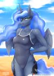  2019 absurd_res anthro beach blue_body blue_clothing blue_feathers blue_hair blue_swimwear blue_tail blue_wings clothing cutie_mark equid feathered_wings feathers female friendship_is_magic hair hasbro hi_res horn looking_at_viewer mammal my_little_pony outside princess_luna_(mlp) sea seaside solo sparklyon3 swimwear text url water winged_unicorn wings 