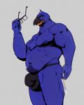  avian belly bird blue_body blue_feathers bulge clothing eyewear feathers glasses hi_res holding_object low-angle_view male matt_(virdemis) modern_bird moobs narrowed_eyes penguin slightly_chubby solo solo_focus speedo swimwear 