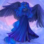  1:1 2020 5_fingers anthro blue_eyes breasts cleavage clothed clothing cosmic_hair digital_media_(artwork) dress equid ethereal_hair feathered_wings feathers female fingers friendship_is_magic hair hi_res horn long_hair mammal margony my_little_pony princess_luna_(mlp) pseudo_hair signature solo winged_unicorn wings 