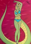  anthro breasts claws clothed clothing cobra colored_nails female green_body green_scales hi_res immoveableguide kiwi_(immoveableguide) looking_at_viewer nails non-mammal_breasts red_eyes reptile scales scalie simple_background smile snake snake_hood solo topwear underwear 