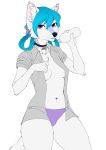  2020 absurd_res anthro black_nose blue_hair canid canine clothed clothing collar digital_media_(artwork) eyebrows eyelashes female fur hair hi_res kyotoleopard mammal midriff navel navel_piercing piercing purple_eyes solo standing white_body white_fur 