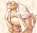  2020 anthro belly bodily_fluids canid canine canis clothed clothing domestic_dog genitals humanoid_hands kemono male mammal moobs namihira_kousuke open_shirt overweight overweight_anthro overweight_male penis shirt solo sweat takagi_kyou topwear trouble_(series) underwear wet 
