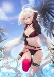  1girl ahoge bangs beach belt bikini black_bikini black_choker black_gloves black_jacket blue_sky blush breasts choker cropped_jacket fate/grand_order fate_(series) gloves hair_between_eyes hand_in_hair highres jacket jeanne_d&#039;arc_(alter_swimsuit_berserker) jeanne_d&#039;arc_(fate)_(all) katana large_breasts lens_flare long_hair looking_at_viewer navel o-ring ocean open_mouth palm_tree red_legwear shrug_(clothing) silver_hair single_thighhigh sky smile swimsuit sword thigh_strap thighhighs tokkiria tree very_long_hair water weapon yellow_eyes 