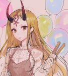  1girl absurdres balloon blonde_hair brown_dress closed_mouth dress earrings facial_mark fate/grand_order fate_(series) forehead_mark hand_up highres horns ibaraki_douji_(fate/grand_order) jewelry long_hair looking_at_viewer oni_horns oyabuli sketch solo upper_body yellow_eyes 