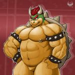  anthro armband bowser bracelet cross-popping_vein eldiman eyebrows featureless_crotch hair hi_res horn jewelry koopa male mario_bros muscular muscular_anthro muscular_male nintendo nipple_piercing nipple_ring nipples nude pecs piercing red_hair scalie shell solo spiked_armband spiked_bracelet spiked_shell spikes spikes_(anatomy) teeth vein video_games yellow_body 