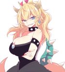  1girl bangs bianco_(mapolo) black_shirt blonde_hair blue_eyes bowsette bracelet breasts cleavage collar crossed_arms earrings eyebrows_visible_through_hair hair_between_eyes horns huge_breasts jewelry long_hair looking_at_viewer mario_(series) new_super_mario_bros._u_deluxe sharp_teeth shirt simple_background solo spiked_bracelet spiked_collar spiked_shell spiked_tail spikes super_crown tail teeth upper_body white_background 