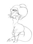  3:4 anthro bedroom big_butt breasts butt digimon digimon_(species) fan_character female furball furgonomics furry-specific_piercing hybrid impmon markings monochrome piercing renamon renimpmon renimpmon_x short_stack small_breasts solo tail_piercing thick_thighs wide_hips 
