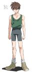  1boy bike_shorts blue_eyes brown_footwear brown_hair collarbone expressionless eyebrows_visible_through_hair full_body green_shirt gundam gundam_wing hastune heero_yuy highres looking_at_viewer male_focus shirt short_hair socks white_legwear 