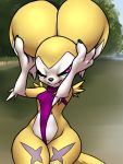  3:4 anthro breasts clothing detailed_background digimon digimon_(species) fan_character female furball impmon impmon_x markings one_eye_closed renimpmon renimpmon_x small_breasts smile smirk snaggle_tooth solo swimwear thick_thighs wide_hips 