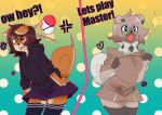  &lt;3 absurd_res anthro black_nose blush brown_body brown_fur brown_hair canid canine canis clothing dialogue domestic_dog female fur hair hammalliel hi_res hoodie legwear maddy_(duckydaduck) mammal nintendo one_eye_closed open_mouth pok&eacute;ball pok&eacute;mon pok&eacute;mon_(species) rockruff simple_background smile solo species_transformation standard_pok&eacute;ball stockings surprise topwear transformation video_games 