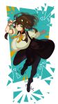  1girl :&gt; alternate_breast_size ankle_boots black_legwear black_skirt boots breasts brown_hair eigaka full_body gatchaman_crowds gigantic_breasts green_eyes highres ichinose_hajime medium_hair orange_neckwear pantyhose running skirt solo suspender_skirt suspenders v v_over_eye 