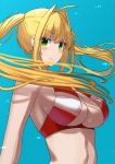  1girl ahoge bangs bare_shoulders bikini blonde_hair blue_background blush breasts cleavage closed_mouth collarbone criss-cross_halter earrings fate/grand_order fate_(series) green_eyes hair_between_eyes hair_intakes halterneck highres jewelry large_breasts long_hair looking_at_viewer navel nero_claudius_(fate)_(all) nero_claudius_(swimsuit_caster)_(fate) noeru red_bikini side-tie_bikini smile striped striped_bikini swimsuit twintails 