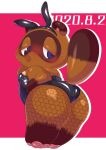  2020 animal_crossing anthro blue_eyes blush brown_body brown_fur bunny_costume butt canid canine clothing costume deme_0816 fur male mammal nintendo raccoon_dog simple_background solo tanuki text tom_nook_(animal_crossing) video_games 