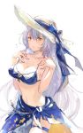  1girl bare_shoulders bikini blue_bikini blue_ribbon blush breasts collarbone eyebrows_visible_through_hair floral_print granblue_fantasy hair_between_eyes hands_on_own_shoulders hat hat_ribbon highres large_breasts long_hair navel ribbon sabanobori silva_(granblue_fantasy) silver_hair skirt solo sun_hat swimsuit thigh_strap yellow_eyes 