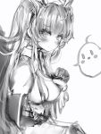  1girl azur_lane breast_curtains character_request check_character check_copyright closed_mouth copyright_request elbow_gloves from_side gloves greyscale hand_up highres long_hair looking_at_viewer looking_to_the_side manjuu_(azur_lane) monochrome nanashi_(nlo74593630) nipples perseus_(azur_lane) perseus_(nursery_service_time)_(azur_lane) simple_background sketch solo twintails upper_body white_background 