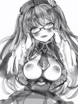  1girl azur_lane blush breasts breasts_outside character_request dress glasses greyscale hands_up head_tilt highres large_breasts long_sleeves looking_at_viewer monochrome nanashi_(nlo74593630) necktie nipples parted_lips simple_background solo white_background wide_sleeves 