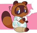  2020 ? animal_crossing anthro belly beverage bottomwear brown_body brown_fur canid canine clothing coffee coffee_mug deme_0816 fur japanese_text kemono male mammal nintendo overweight overweight_anthro overweight_male raccoon_dog shirt shorts sitting solo tanuki text tom_nook_(animal_crossing) topwear video_games 