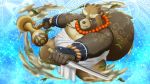  2020 anthro belly brown_body brown_fur canid canine clothing fur gyobu humanoid_hands jinku_56 kemono leaf male mammal overweight overweight_anthro overweight_male raccoon_dog robe scar solo tanuki tokyo_afterschool_summoners video_games weapon 