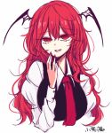  1girl arm_up bangs bat_wings bianco_(mapolo) black_vest breasts character_name eyebrows_visible_through_hair fang hair_between_eyes hair_wings koakuma long_hair long_sleeves looking_at_viewer necktie open_mouth red_eyes red_hair red_nails red_neckwear shirt simple_background smile solo touhou upper_body vest white_background white_shirt wings 