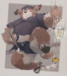  2020 anthro asian_clothing belly brown_body brown_fur bulge canid canine canis clothing cooking domestic_dog dumdum east_asian_clothing food fundoshi fur hi_res japanese_clothing kemono male mammal overweight overweight_anthro overweight_male shirt solo topwear underwear 