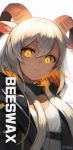  1girl animal_ears arknights bangs beeswax_(arknights) breasts character_name closed_mouth dark_skin dress expressionless hair_between_eyes highres horns jacket long_hair looking_at_viewer open_clothes open_jacket silver_hair small_breasts solo soyoong_jun white_dress yellow_eyes 