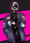  1girl bodysuit bodysuit_under_clothes brown_eyes gimp_mask highres kilye_4421 latex_bodysuit looking_at_viewer original skin_tight smile solo v 