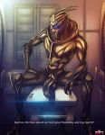  alien andava balls bodypaint digitigrade english_text face_paint garrus_vakarian genitals hand_on_leg hi_res humanoid light lighting looking_at_viewer male mass_effect not_furry penis sitting slit solo text turian video_games 