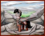  2016 absurd_res armor bandage berserk black_mane black_tail blood blue_eyes bodily_fluids border cloak clothing detailed_background equid equine fan_character feathered_wings feathers feral fur grey_body grey_feathers grey_fur grey_wings guts hasbro hi_res landscape looking_at_viewer male mammal mane melee_weapon my_little_pony one_eye_closed open_mouth orange_border pegasus solo sparklyon3 spectrum_storm sword weapon wings 