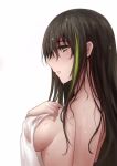  1girl bangs blush breasts brown_eyes brown_hair covering eyebrows_visible_through_hair from_side girls_frontline green_hair hair_between_eyes half-closed_eyes highres holding holding_towel long_hair looking_at_viewer m4a1_(girls_frontline) medium_breasts multicolored_hair nude_cover parted_lips selcky sideboob sidelocks signature simple_background solo streaked_hair towel water_drop wet white_background 