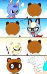  2020 4koma absurd_res ambiguous_gender angry animal_crossing black_eyes black_nose blue_body blue_clothing blue_fur blue_hair blue_topwear blush book brown_body brown_fur brown_nose checkered_clothing checkered_topwear clothing comic dipstick_ears domestic_cat eyes_closed eyewear faceless_ambiguous faceless_character fangs felid feline felis female frown fur glasses gradient_background green_eyes grey_body grey_clothing grey_fur grey_topwear hair heterochromia hi_res holding_book holding_knife holding_object holding_paper holding_weapon human knife male mammal marshal_(animal_crossing) multicolored_ears necktie nintendo onomatopoeia open_mouth outside pattern_clothing pink_cheeks polo_shirt raymond_(animal_crossing) rodent rosie_(animal_crossing) sciurid shirt simple_background sky sound_effects tan_background tan_body tan_fur tan_hair text threatening tom_nook_(animal_crossing) topwear vest video_games weapon white_background white_body white_clothing white_fur white_topwear winick-lim yellow_eyes 