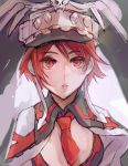  1girl bangs bone bow bowtie breasts cleavage cleavage_cutout guilty_gear guilty_gear_2 hat kawabata lips looking_at_viewer medium_breasts medium_hair red_eyes red_hair red_neckwear skull solo upper_body valentine_(guilty_gear) 