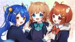  3girls :d ahoge amamiya_kokoro animal_ears bell black_jacket blazer blue_bow blue_eyes blue_hair blue_ribbon blush bow brown_eyes brown_hair collared_shirt commentary_request deer_ears drawstring eli_conifer fang grey_jacket hair_bell hair_ornament hair_ribbon hairclip hands_together hood hood_down hooded_jacket jacket jingle_bell long_hair long_sleeves looking_at_viewer looking_to_the_side low_twintails multiple_girls nijisanji open_blazer open_clothes open_jacket open_mouth palms_together ratna_petit red_bow red_panda_ears red_ribbon ribbon shirt sleeves_past_wrists smile sweater_vest twintails upper_body virtual_youtuber white_shirt x_hair_ornament yamabukiiro yellow_ribbon 