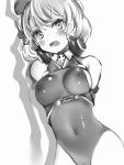  1girl arms_behind_back azur_lane bare_shoulders bound bound_arms bound_wrists breasts cameltoe cowboy_shot drop_shadow greyscale headphones headphones_around_neck highres large_breasts leotard looking_at_viewer monochrome nanashi_(nlo74593630) navel nipples open_mouth short_hair solo standing z23_(azur_lane) 