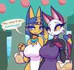  &lt;3 animal_crossing ankha_(animal_crossing) anthro basket beauty_mark big_breasts breasts clothed clothing domestic_cat english_text felid feline felis female hi_res jewelry makeup mammal markings nintendo olivia_(animal_crossing) r-mk smile speech_bubble text video_games 