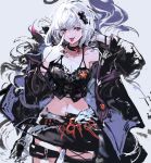  1girl alchemaniac bare_shoulders black_coat black_nails black_skirt bracelet breasts choker cleavage coat collarbone corset djeeta_(granblue_fantasy) eyebrows_visible_through_hair fang feather_boa granblue_fantasy grey_background hair_ornament jewelry midriff navel red_eyes short_hair simple_background skirt solo thigh_strap tongue tongue_out white_hair 