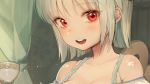  1girl :d breasts cleavage cup eyebrows_visible_through_hair holding looking_at_viewer open_mouth original oyabuli red_eyes round_teeth short_hair smile solo symbol_commentary teacup teeth upper_body upper_teeth white_hair 