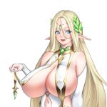  1girl bare_shoulders beeeeen_213 blonde_hair blue_eyes breast_curtains breasts bridal_gauntlets cerestia_of_life circlet covered_nipples elbow_gloves elf gem gloves gold_trim hair_between_eyes huge_breasts last_origin lifted_by_self long_hair looking_at_viewer navel parted_lips pointy_ears revealing_clothes simple_background smile solo upper_body very_long_hair white_background 
