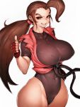  1girl breasts brown_hair fingerless_gloves fumio_(rsqkr) genderswap genderswap_(mtf) gloves grin hibiki_dan highres huge_breasts long_hair looking_at_viewer ponytail simple_background smile solo street_fighter street_fighter_zero_(series) thick_thighs thighs thumbs_up white_background wide_hips 