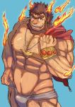  1boy abs absurdres bara beard body_hair brown_hair chest facial_hair fire highres jewelry jinn_(tokyo_houkago_summoners) male_focus manly muscle necklace nipples pectorals red_eyes reki_uraaka smile solo thighs tokyo_houkago_summoners underwear underwear_only underwear_pull 