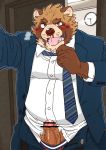  2020 anthro belly blood blush bodily_fluids brown_body brown_fur canid canine clothing erection fur genital_fluids genitals hi_res kemono male mammal necktie nosebleed overweight overweight_anthro overweight_male penis precum raccoon_dog ryuta-h shirt solo tanuki topwear underwear undressing 