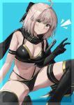  1girl ahoge bangs bare_shoulders bikini black_bikini black_bow black_gloves black_legwear black_scarf blonde_hair blue_background blush bow breasts cleavage closed_mouth fate/grand_order fate_(series) gloves hair_bow half_updo highleg highleg_bikini highres katana large_breasts looking_at_viewer multi-strapped_bikini navel noeru okita_souji_(fate)_(all) okita_souji_(swimsuit_assassin)_(fate) scarf single_glove smile swimsuit sword thigh_strap thighhighs thighs v weapon yellow_eyes 