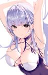  1girl armpits arms_up azur_lane bangs blunt_bangs blush breasts cleavage closed_mouth commentary_request criss-cross_halter dido_(anxious_bisque_doll)_(azur_lane) dido_(azur_lane) dress dress_straps eyebrows_visible_through_hair halter_dress halterneck highres large_breasts lavender_hair long_dress long_hair looking_at_viewer pink_eyes purple_dress sidelocks temir 