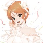 1girl :d absurdres blue_eyes copyright_request dress feathers hair_feathers halo hands_up head_tilt highres long_sleeves looking_at_viewer open_mouth orange_hair oyabuli round_teeth smile solo symbol_commentary teeth upper_body upper_teeth white_dress 