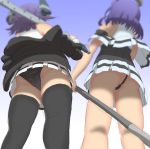  2girls ass black_jacket black_legwear black_panties capelet dress from_below glaive headgear highres jacket kantai_collection long_sleeves mechanical_halo multiple_girls namakura_neo off_shoulder open_clothes open_jacket panties purple_hair remodel_(kantai_collection) school_uniform short_dress short_hair tatsuta_(kantai_collection) tenryuu_(kantai_collection) thighhighs underwear 