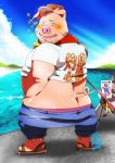  2020 anthro belly blush bodily_fluids bottomwear bumomomoboa butt clothing detailed_background domestic_pig eyes_closed footwear genital_fluids hat headgear headwear hi_res kemono male mammal outside overweight overweight_anthro overweight_male pants peeing sandals shirt solo suid suina sus_(pig) topwear urine water 