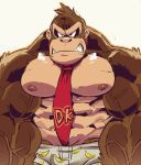  abs angry anthro ape breath brown_body brown_fur clenched_teeth clothed clothing donkey_kong_(character) donkey_kong_(series) fur haplorhine hi_res male mammal muscular muscular_anthro muscular_male necktie nintendo nipples pecs primate simple_background solo teeth thymilph topless vein video_games 