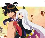  1girl albino asymmetrical_clothes bad_id bad_pixiv_id hug hug_from_behind katanagatari long_hair shirtless smile togame tsubaki_(tya10) yasuri_shichika 