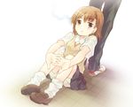  biribiri brown_eyes brown_hair dutch_angle misaka_mikoto school_uniform short_hair shorts solo sweater_vest tachitsu_teto to_aru_kagaku_no_railgun to_aru_majutsu_no_index 