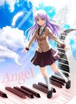  althea_(sakiya0000) angel_beats! feathers instrument keyboard_(instrument) long_hair purple_hair school_uniform solo tenshi_(angel_beats!) wings yellow_eyes 